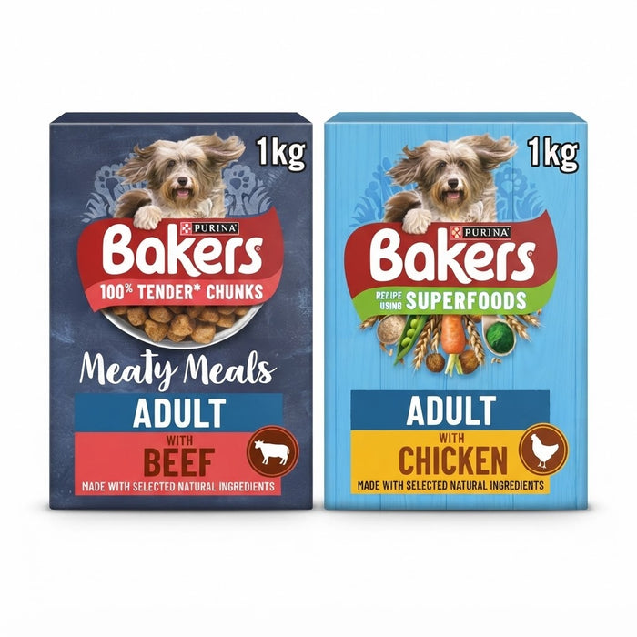Bakers Adult Dry Dog Food 1kg (5 Pack) - Choose Your Flavor: Meaty Meals Beef or