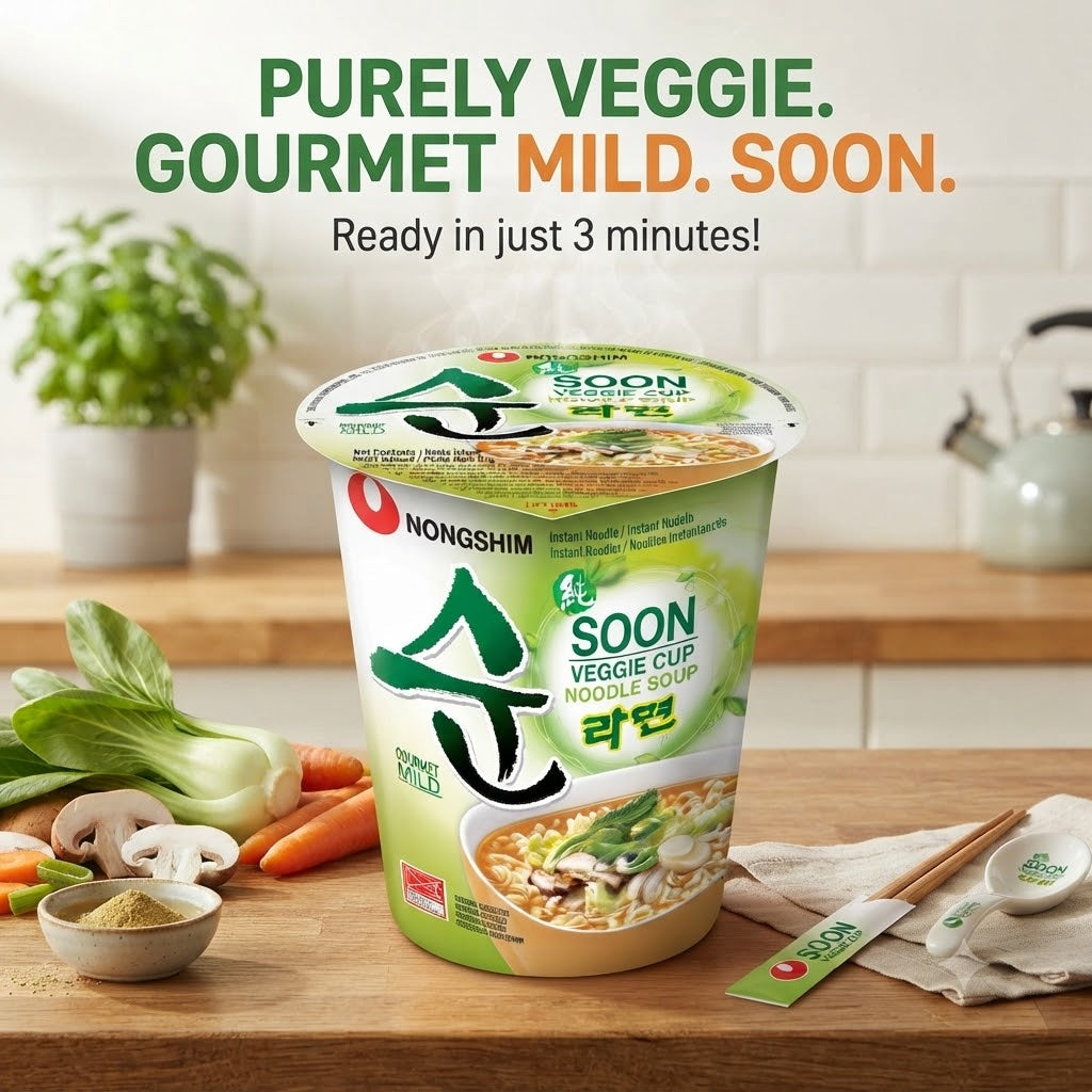 Nongshim Soon Veggie Cup Noodle Soup - Vegan Instant Ramen