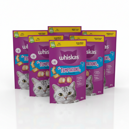 Whiskas Temptations Adult Cat Treats – Salmon & Chicken/Cheese (60g, Pack of 6)