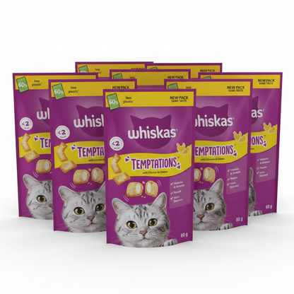Whiskas Temptations Adult Cat Treats – Salmon & Chicken/Cheese (60g, Pack of 6)