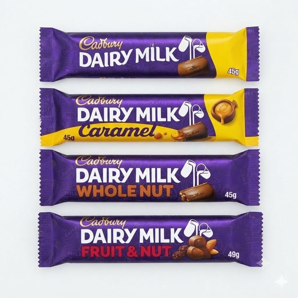 Cadbury Dairy Milk Chocolate Bars Bulk Box 48x - Original, Caramel, Wholenut, Fr