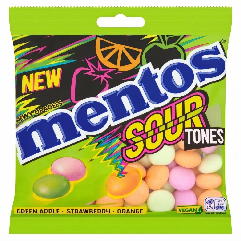 Mentos Sour Tones Chewy Dragees 120g x 12 | Green Apple, Strawberry & Orange