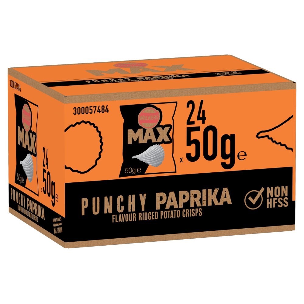 Walkers Max Punchy Paprika Crisps 50g x 24 | Deep Ridged Grab Bags