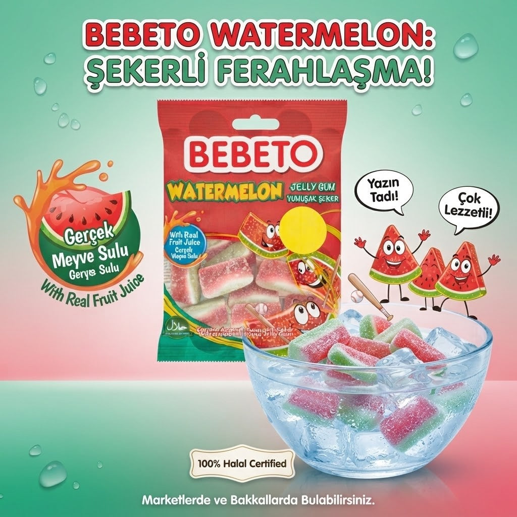 Bebeto Watermelon Jelly Gum Sweets 70g x 20 | Halal & Fruit Juice Gums