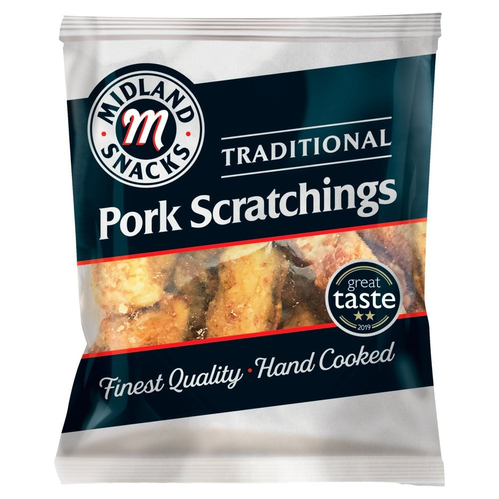 40g x 12  & 40g x 120 Pack Midland Snacks Traditional Pork Scratchings