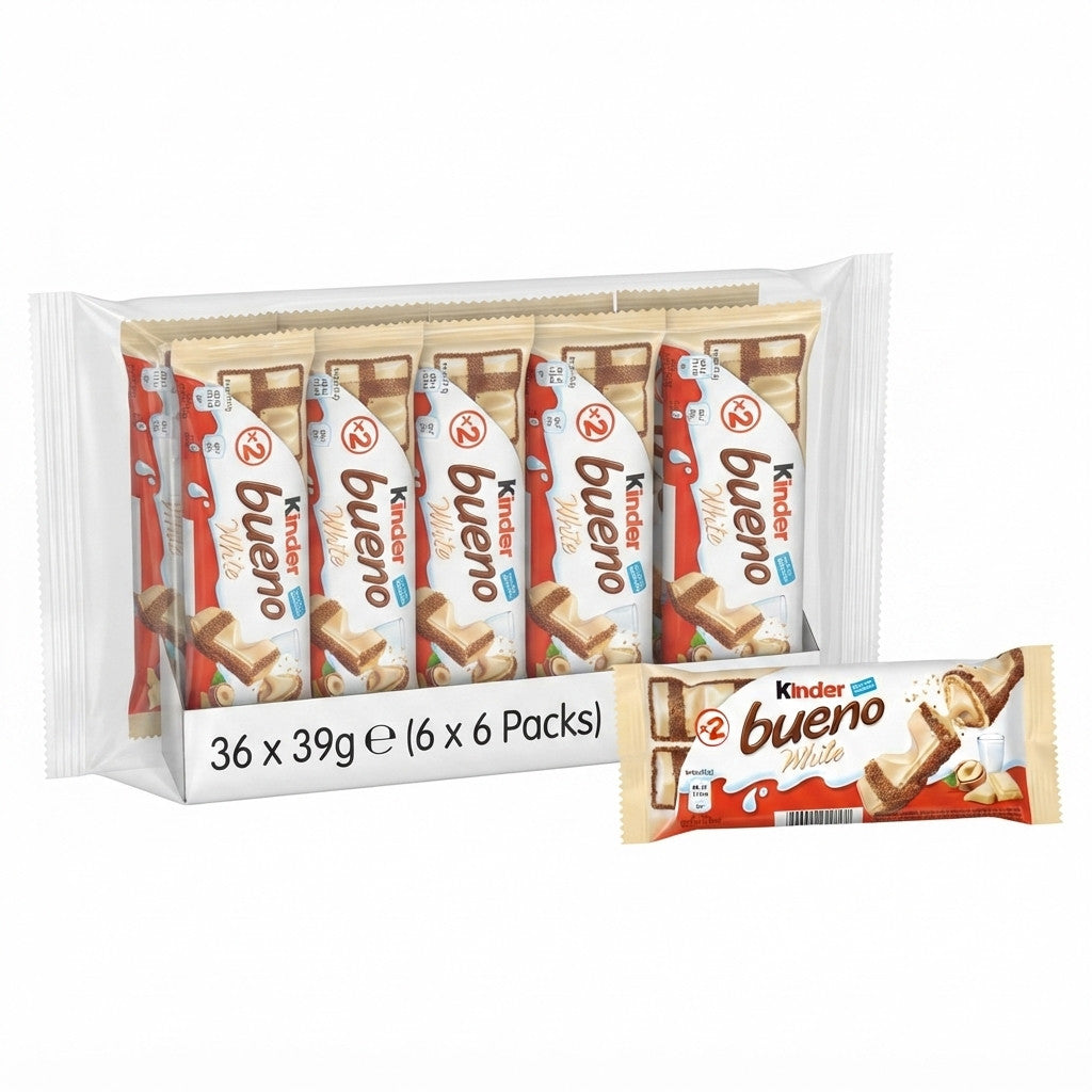 39g x 30 Kinder Bueno White Chocolate & Hazelnut Wafer Biscuit Snack Bar