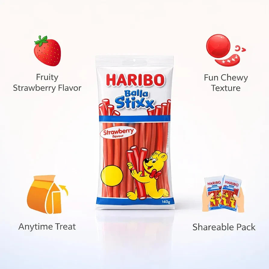 HARIBO Balla Stixx Strawberry 140g x 12 | Chewy Sweets Bulk Box