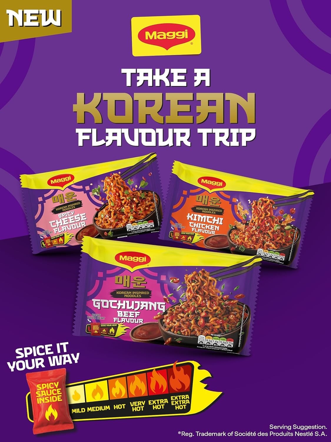 Maggi Korean Inspired Noodles 130g x 6 | Kimchi Chicken, Spicy Cheese or Gochujang Beef