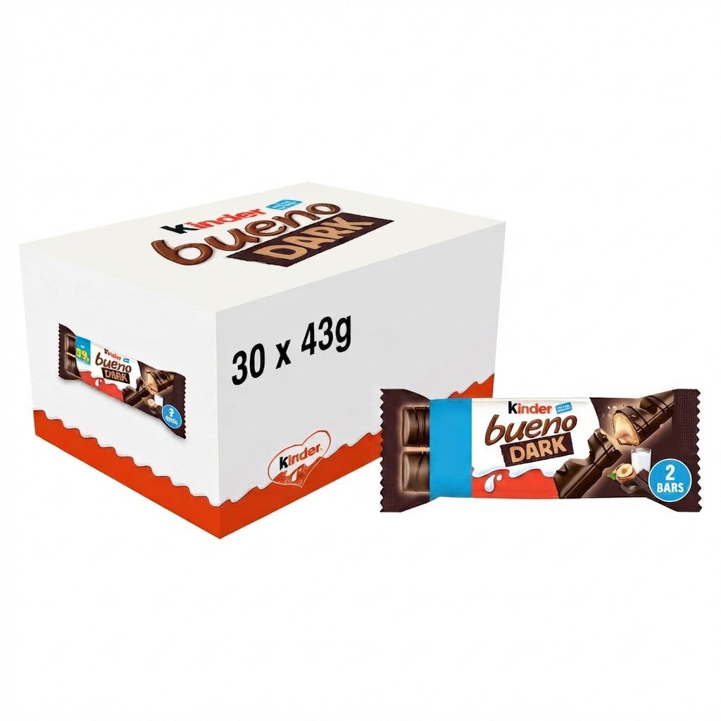 Kinder Bueno Dark Chocolate Bars 43g x 30 Bulk Box Hazelnut Cream Crispy Wafer