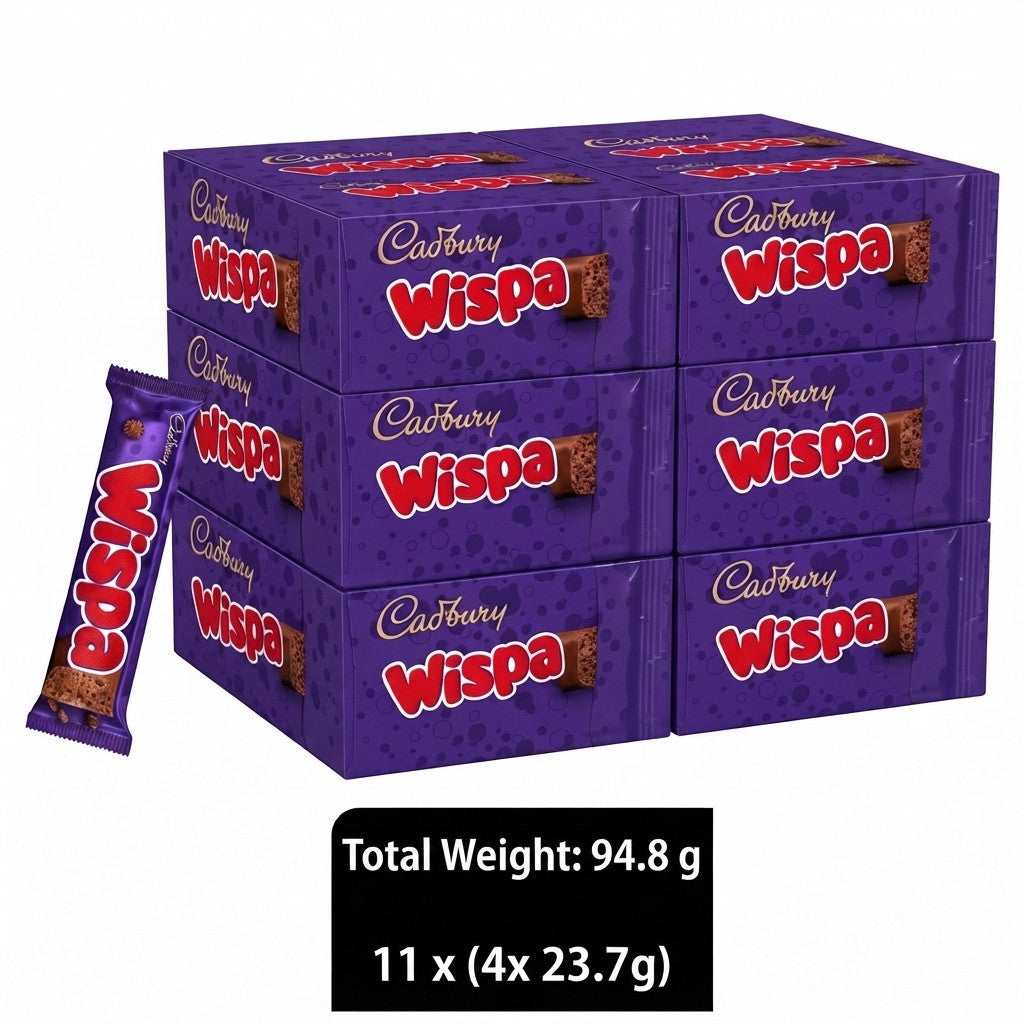 Cadbury Wispa Chocolate Bar Bulk Box Multi-Pack 11x (4x 23.7g) UK Import Fresh