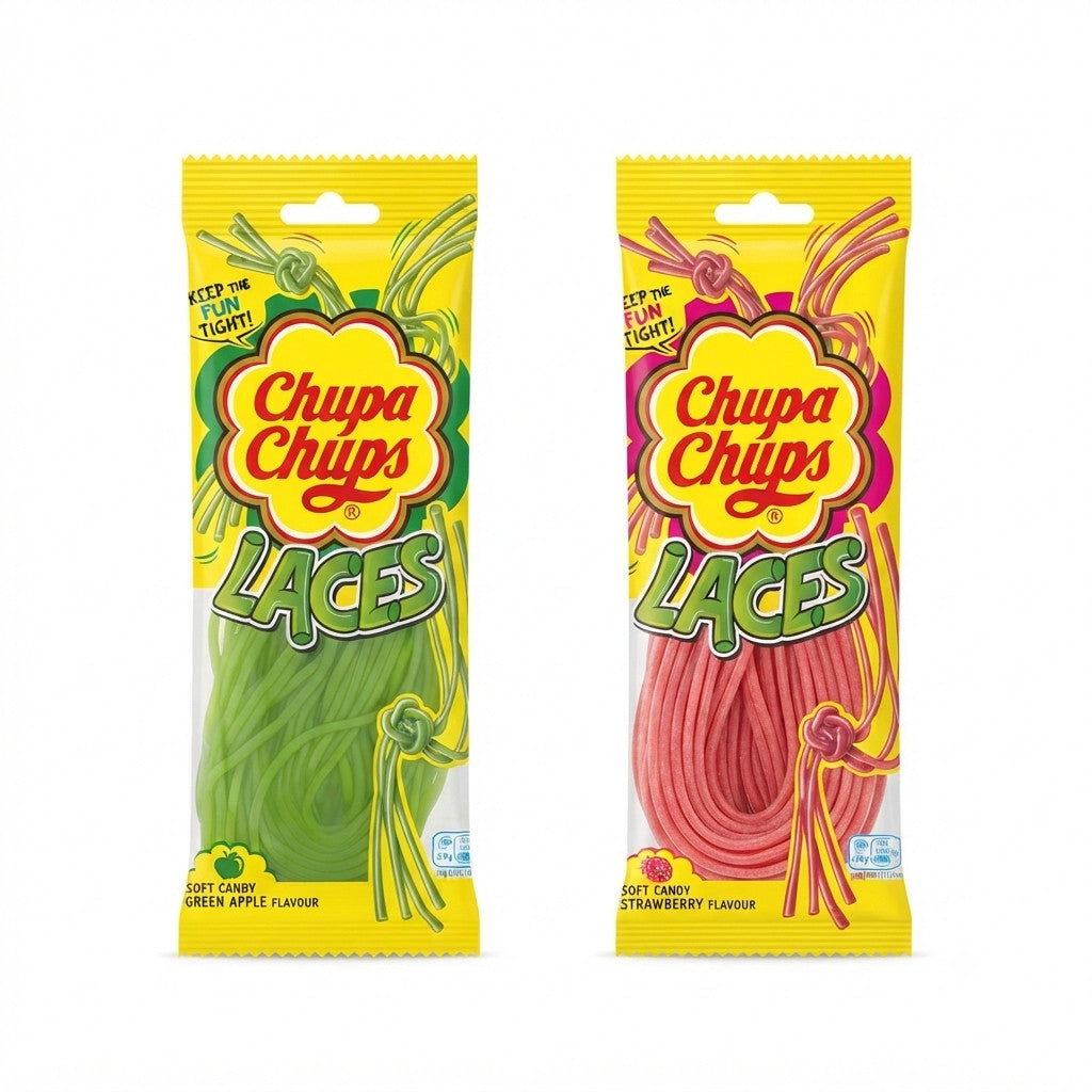 Chupa Chups Laces Soft Candy 90g x 18 | Green Apple & Strawberry