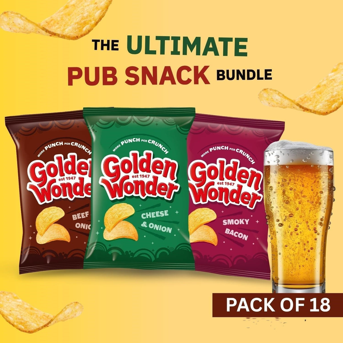 Golden Wonder Crisps 57g x 18 | Spring Onion, Cheese & Onion, Steak & Smoky Paprika