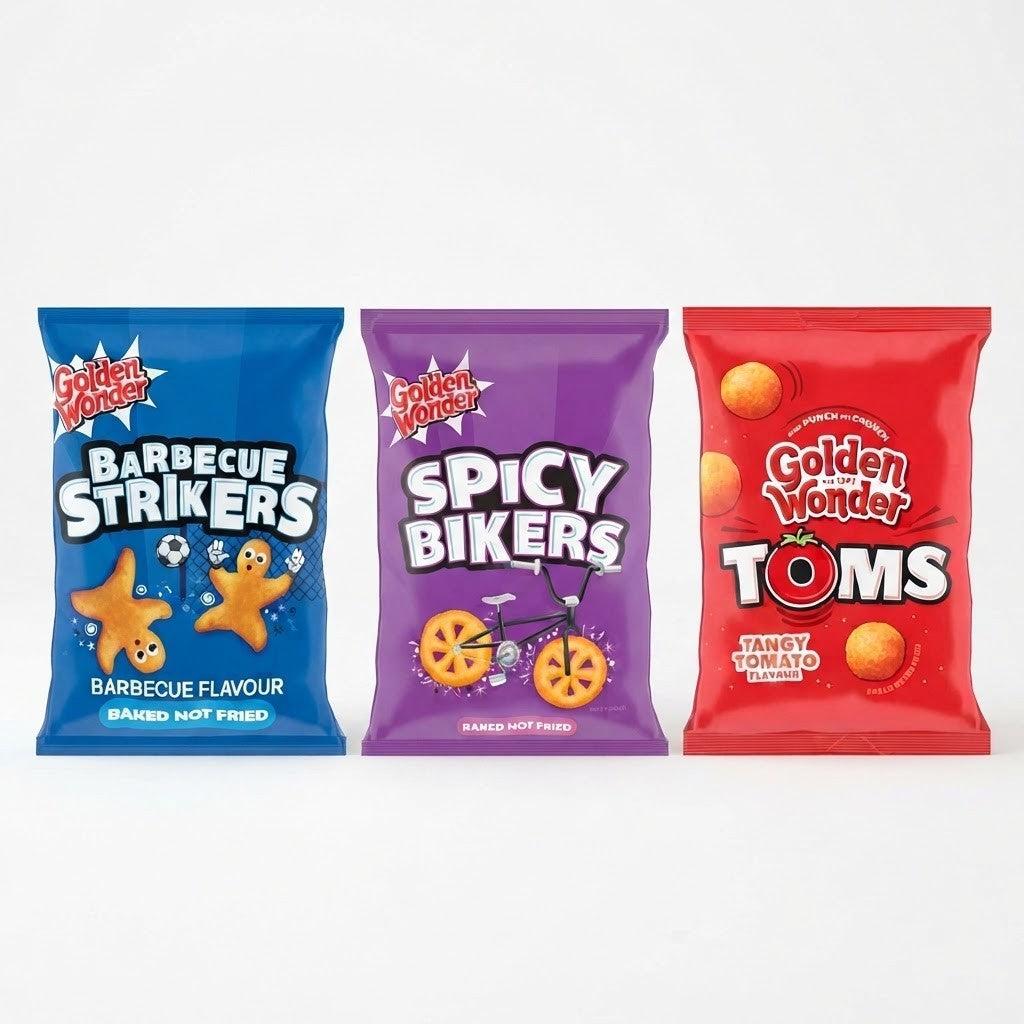 Golden Wonder Spicy Bikers, Strikers & Toms Crisps 22g x 36 | 3 Flavours | Bulk Box