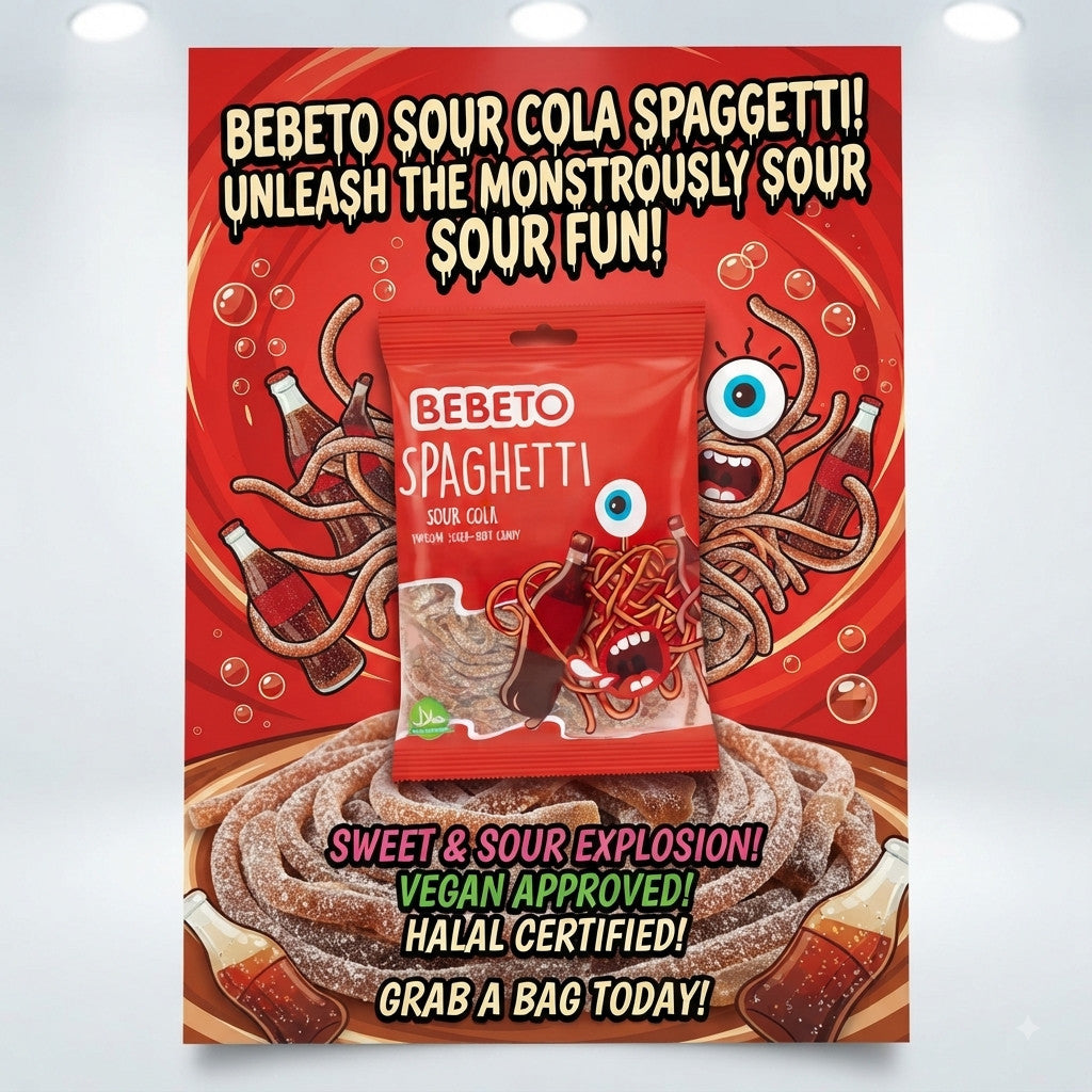 Bebeto Sour Cola Spaghetti Candy 70g x 20 | Vegan & Halal Soft Chew