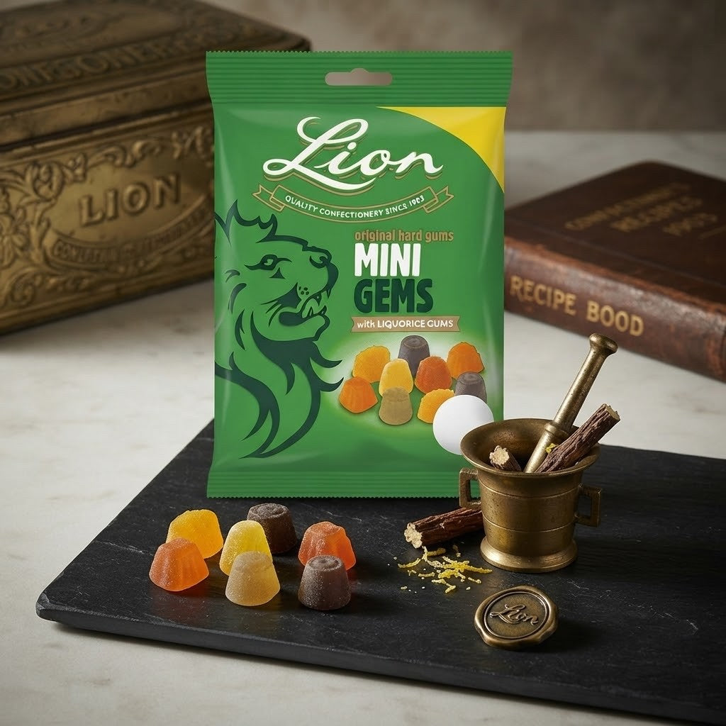 Lion Original Hard Gums & Mini Gems with Liquorice 130g x 12 | Classic Sweets