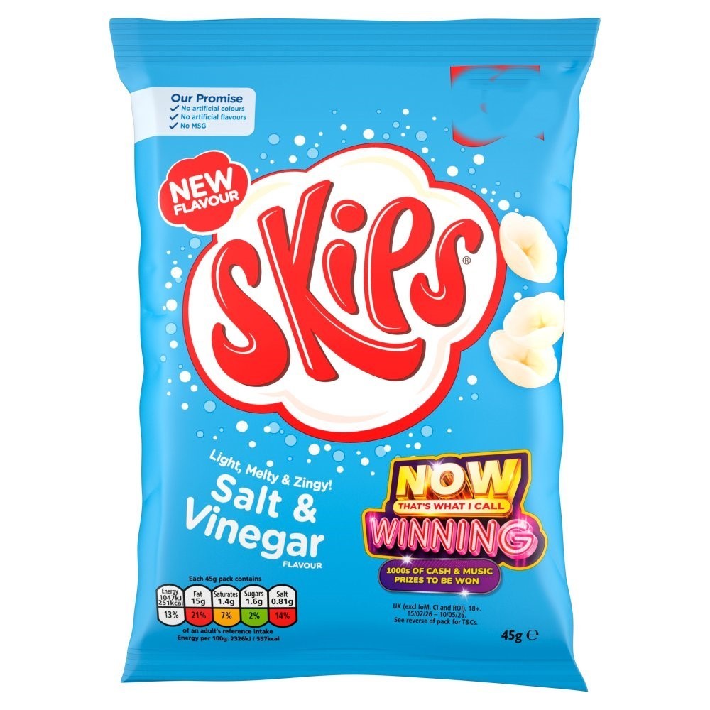 Skips Crisps 45g x 16 | Prawn Cocktail or Salt & Vinegar | Vegetarian