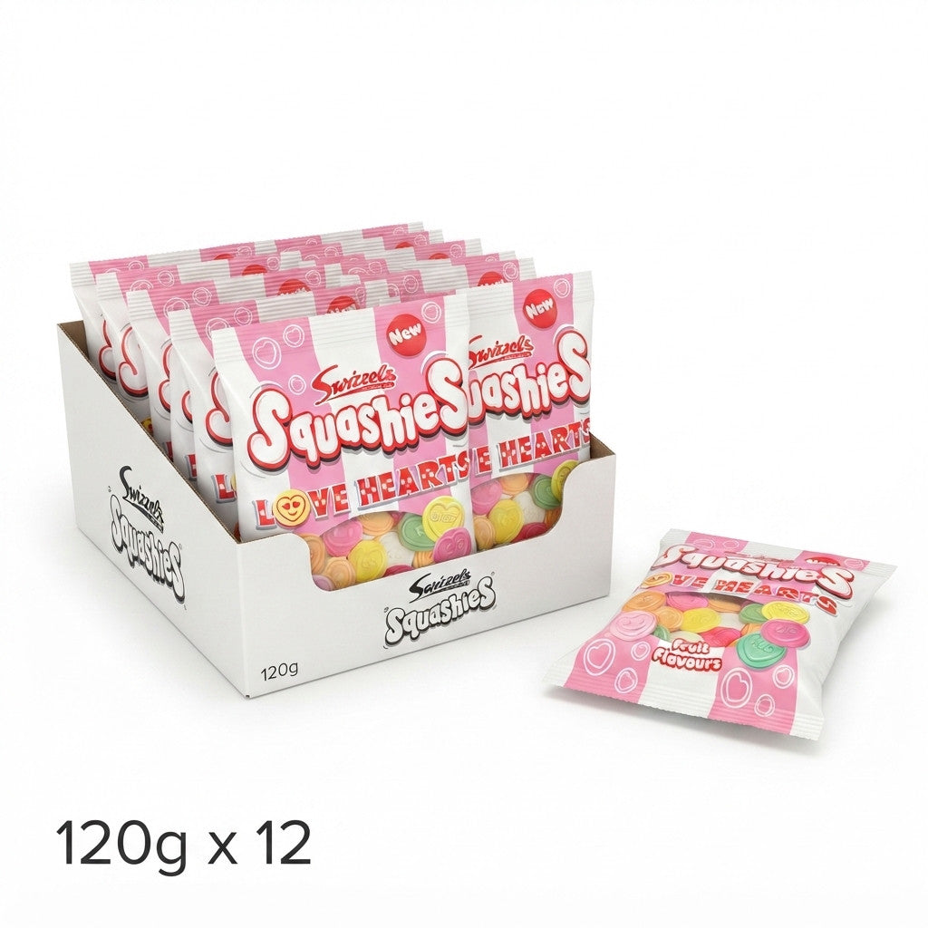 120g x 12 Swizzels Squashies Love Hearts Bulk Box Soft Gummy Sweets Free