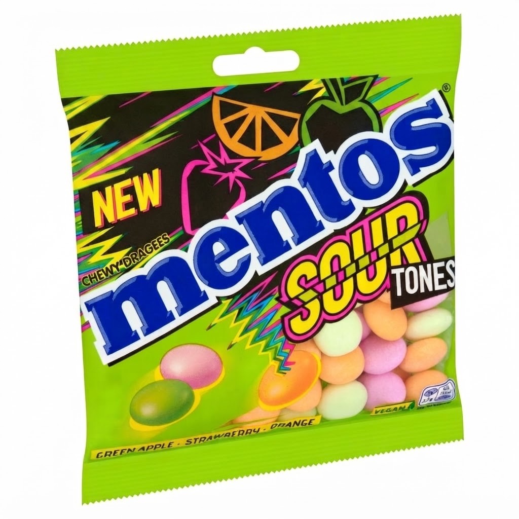 Mentos Sour Tones Chewy Dragees 120g x 12 | Green Apple, Strawberry & Orange