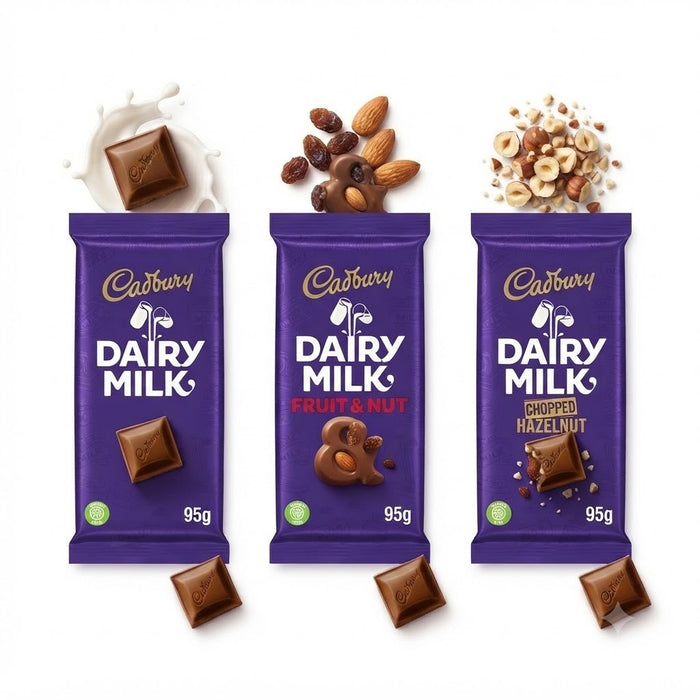 Cadbury Dairy Milk Chocolate Bars 95g - Bulk Buy Multi-Pack (Original, Fruit & N