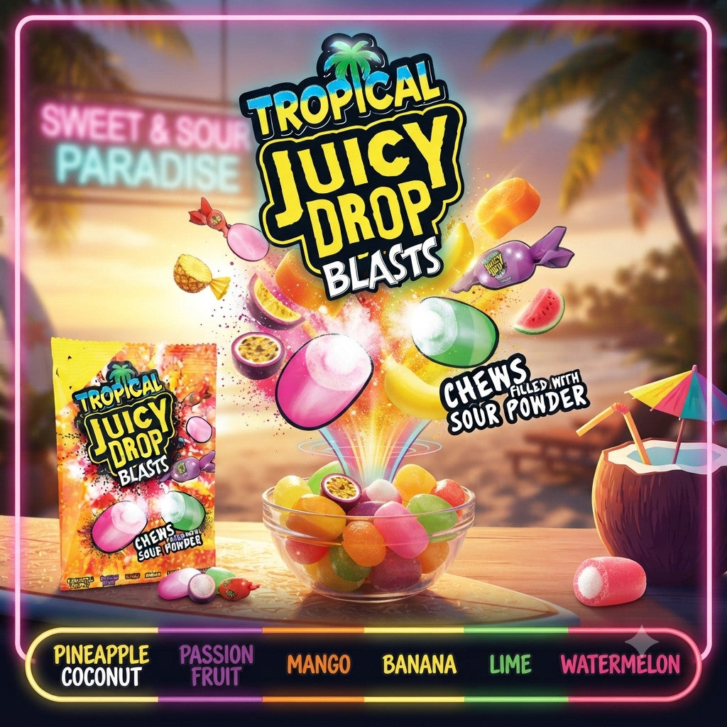Juicy Drop Blasts Chews 120g x 12 | Sour Powder Filled Tropical Flavours