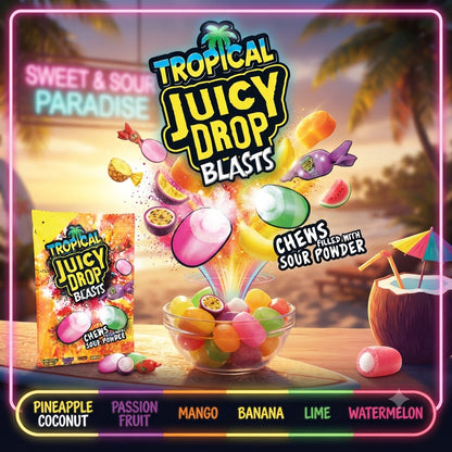 Juicy Drop Blasts Chews 120g x 12 | Sour Powder Filled Tropical Flavours