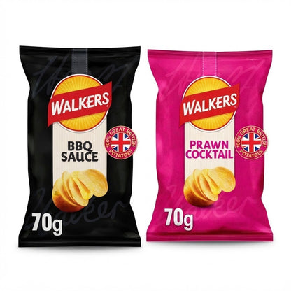 Walkers Crisps 70g x 18 | BBQ Sauce & Prawn Cocktail | Sharing Bags
