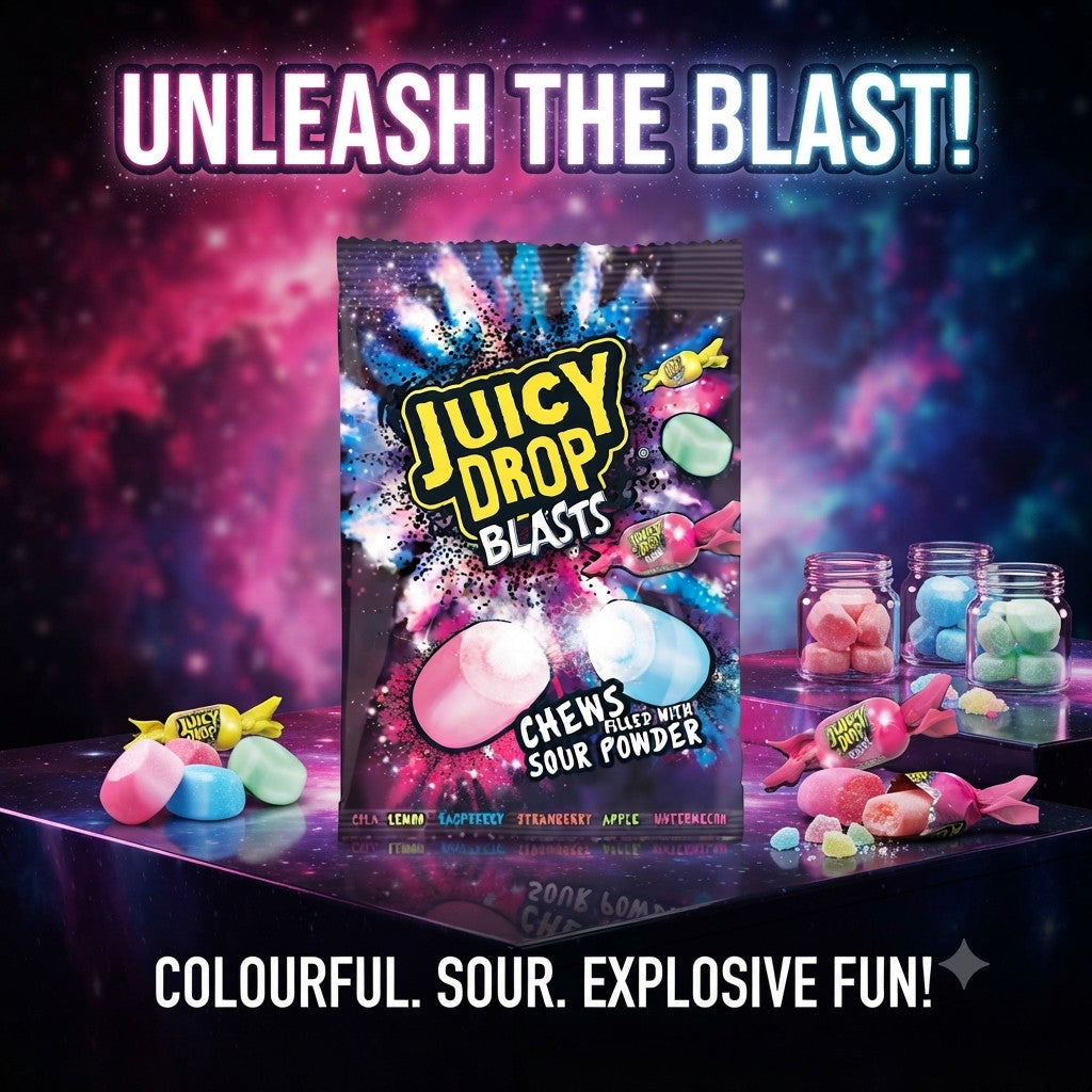 Juicy Drop Blasts Chews 120g x 12 | Assorted Sour Powder Fruit Flavours