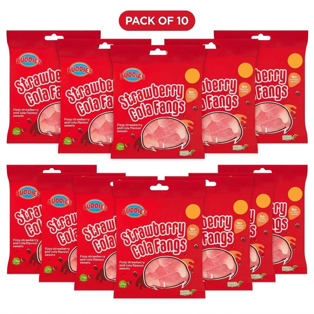 BUDDIES Strawberry Cola Fangs Sweets 160g x 10 | Fizzy, Halal & Vegan