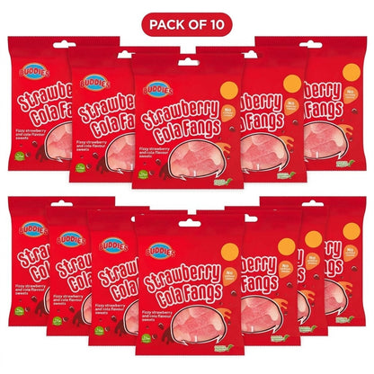 BUDDIES Strawberry Cola Fangs Sweets 160g x 10 | Fizzy, Halal & Vegan