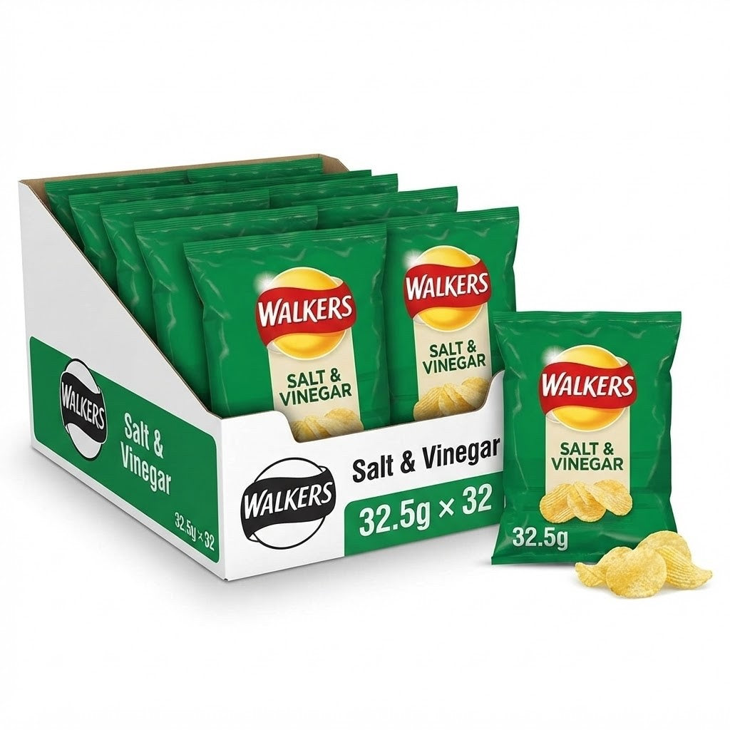 Walkers Salt & Vinegar Crisps 32.5g x 32 | Great British Potatoes