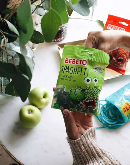 Bebeto Happy Laces Sour Apple Spaghetti 70g x 20 | Vegan Soft Sweets