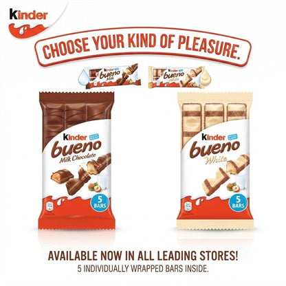 Kinder Bueno Milk & White Chocolate Bars Multipack Bulk Buy 5 Fingers x 9 Boxes