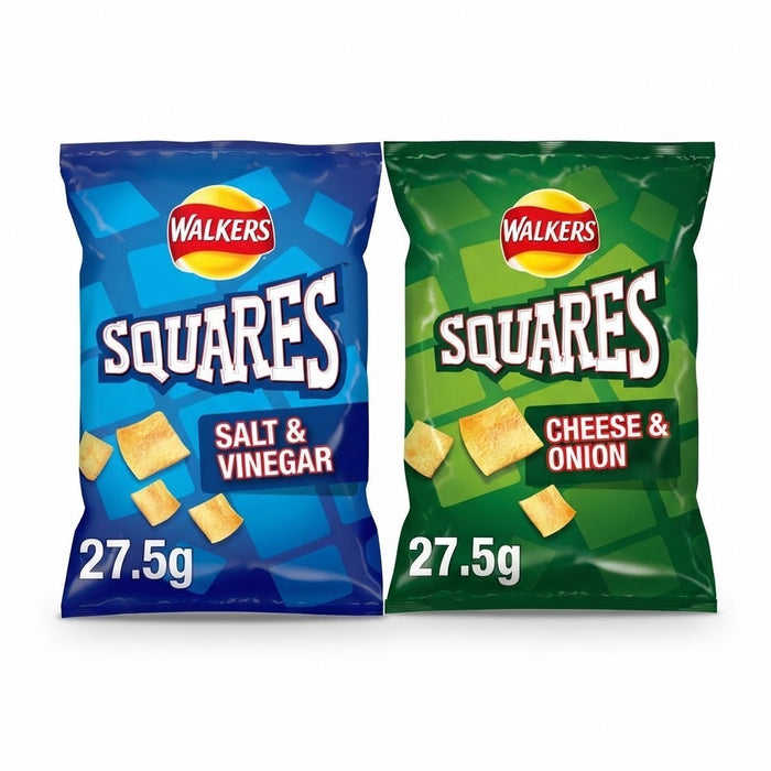 Walkers Squares Crisps 27.5g x 32 | Salt & Vinegar or Cheese & Onion