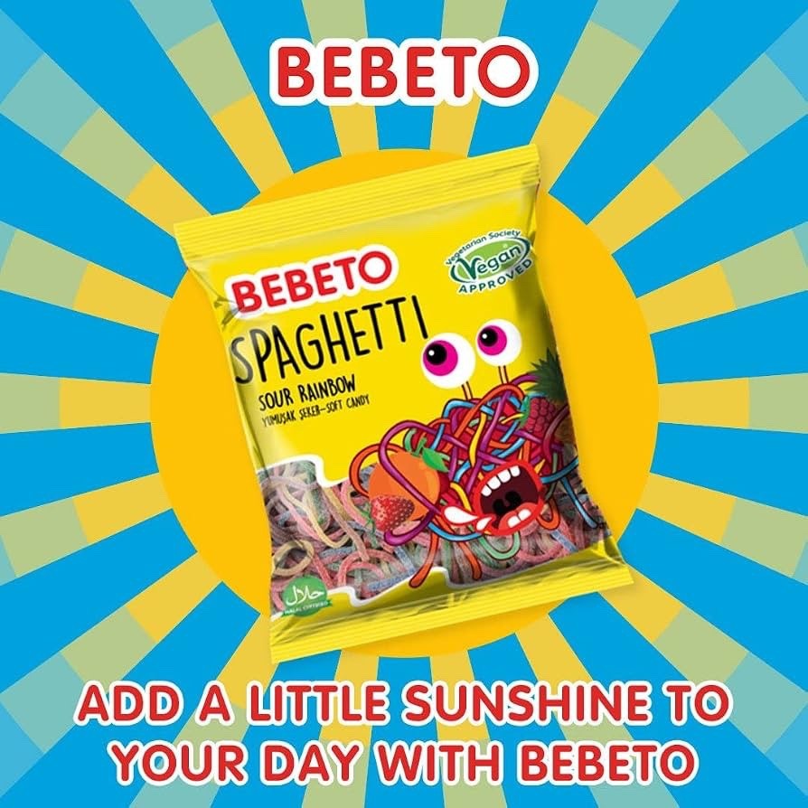 Bebeto Happy Laces Sour Rainbow Spaghetti 70g x 20 | Vegan Jelly Sweets