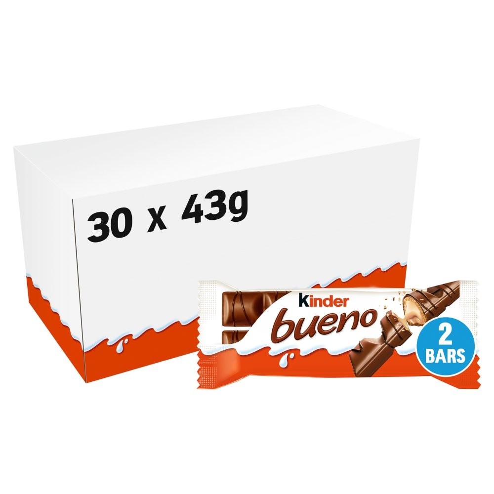 30 Packs Kinder Bueno Milk Chocolate & Hazelnut Twin Bars 43g Bulk Box Crispy