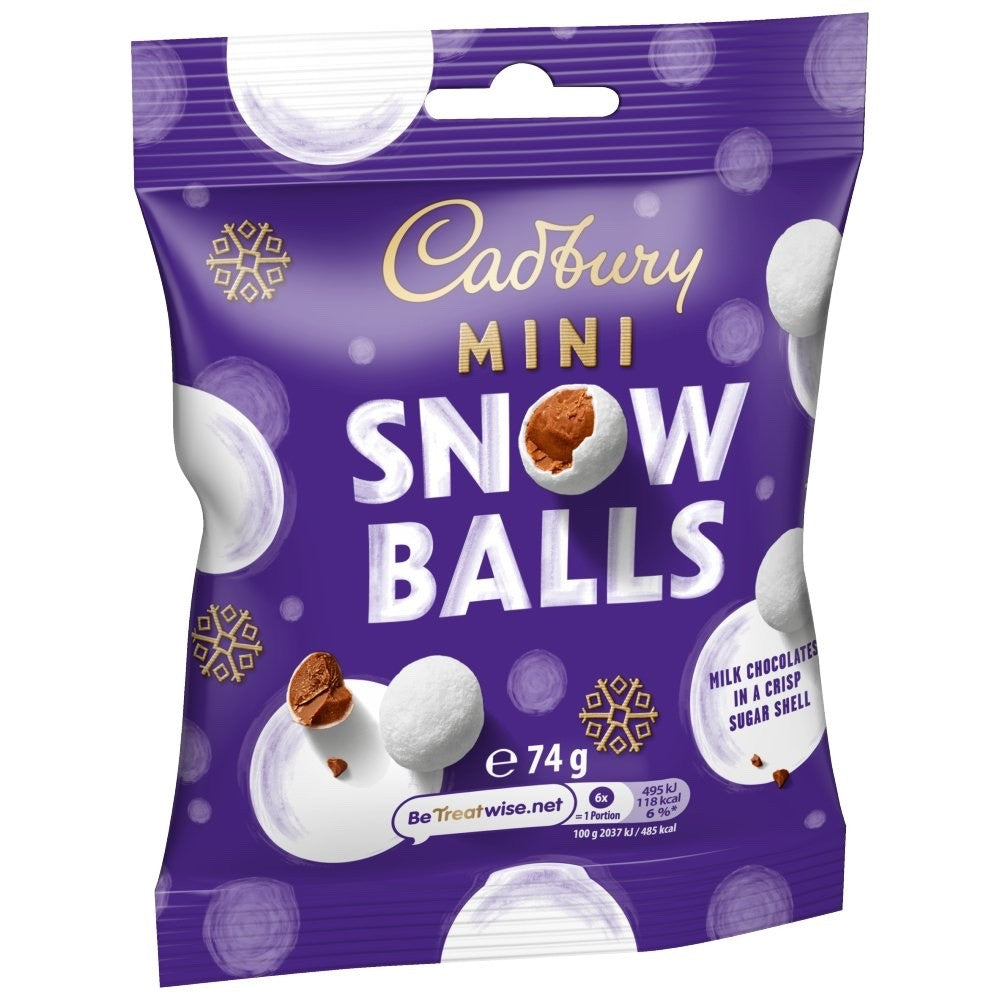 Cadbury Mini Snowballs 74g x 24 Bulk Box Milk Chocolate Christmas Treat Bags
