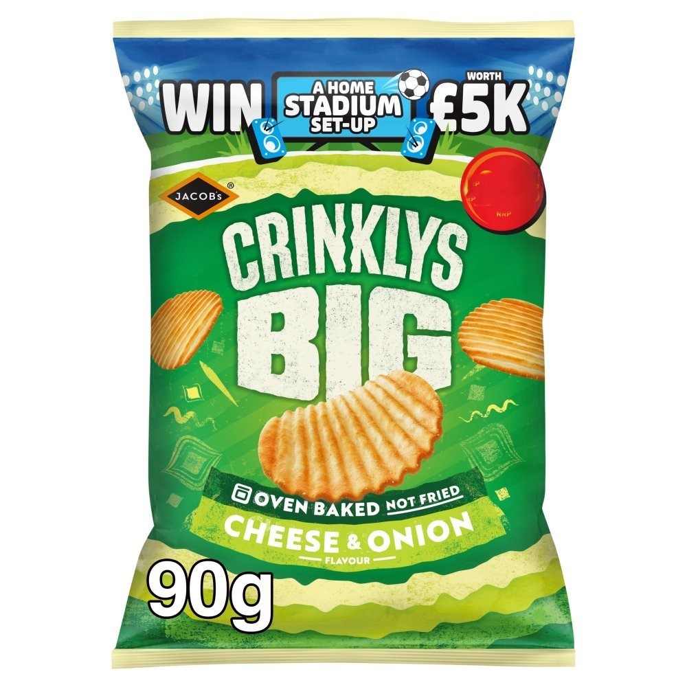 Jacob's Crinklys Big Crisps 90g x 15 | Cheese & Onion or Prawn Cocktail