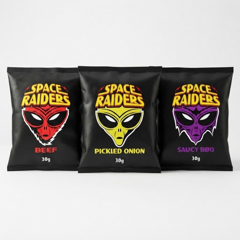 Space Raiders Crisps 30g x 36 | Beef, Pickled Onion or Saucy BBQ