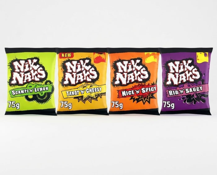 Nik Naks Crisps 75g x 20 | Scampi 'N' Lemon, Cheesy, Spicy & Rib 'N' Saucy