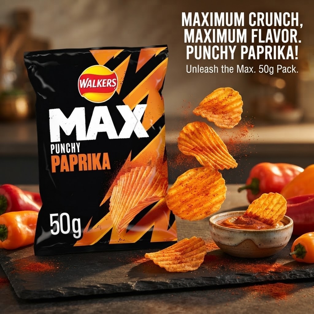 Walkers Max Punchy Paprika Crisps 50g x 24 | Deep Ridged Grab Bags