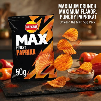 Walkers Max Punchy Paprika Crisps 50g x 24 | Deep Ridged Grab Bags