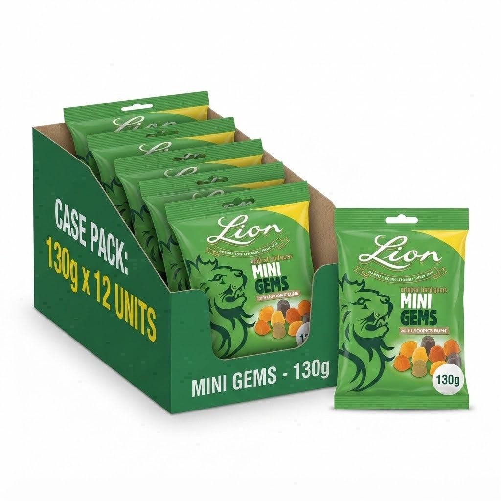 Lion Original Hard Gums & Mini Gems with Liquorice 130g x 12 | Classic Sweets