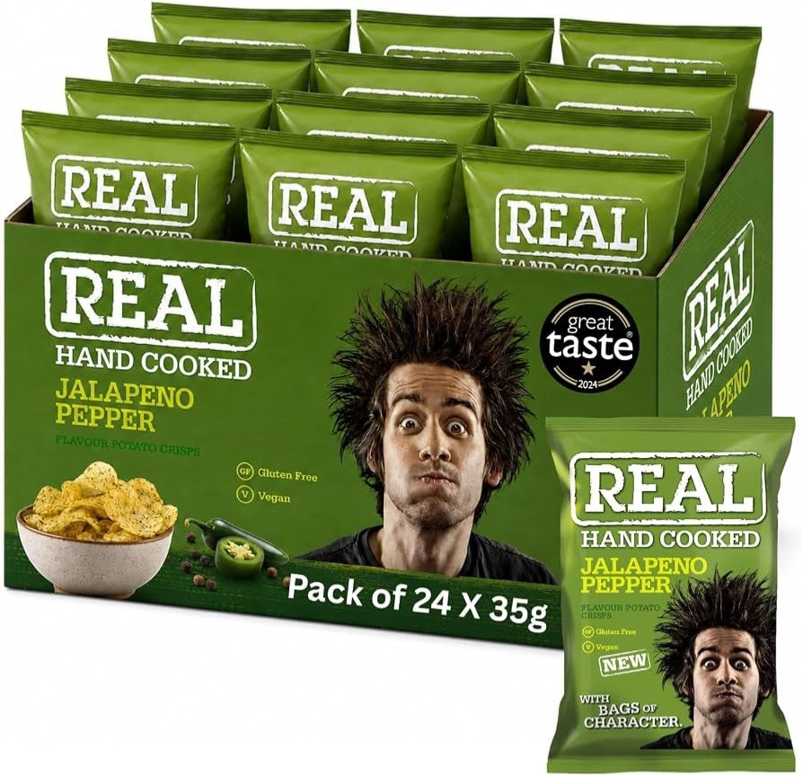 REAL Hand Cooked Jalapeño Pepper Crisps 35g x 24 | Fiery Vegan & Gluten-Free