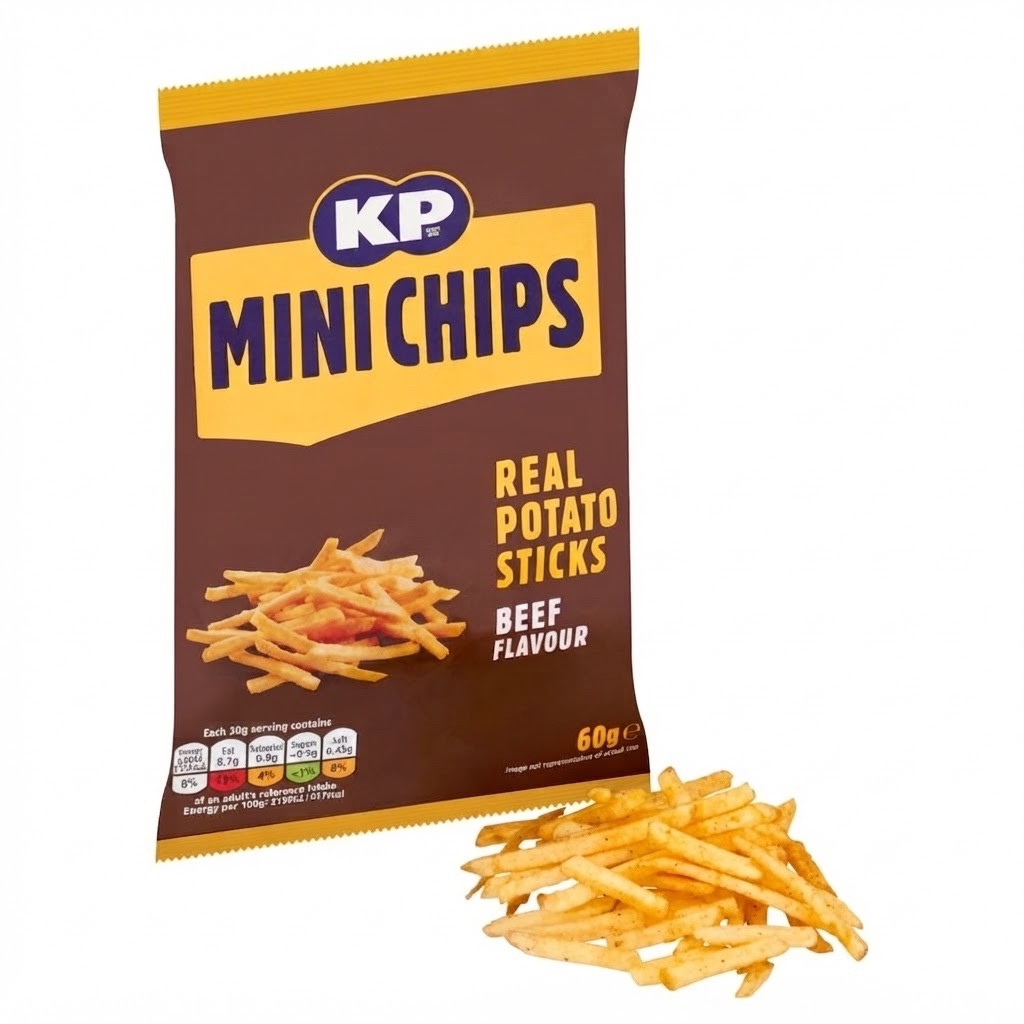 KP Mini Chips Beef Crisps 60g x 20 | Real Potato Snacks | Vegetarian
