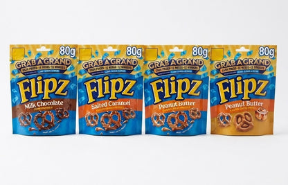 Flipz Coated Pretzels 80g x 12 | Milk Chocolate, Salted Caramel, Cinnamon & Peanut Butter