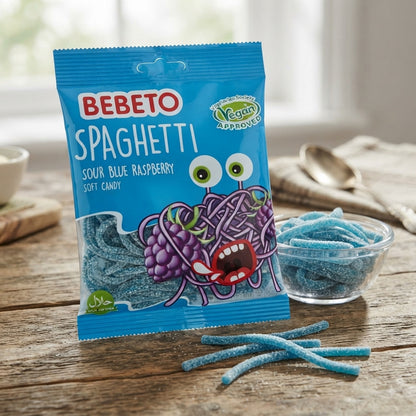 Bebeto Sour Blue Raspberry Spaghetti 70g x 20 | Vegan & Halal Soft Candy