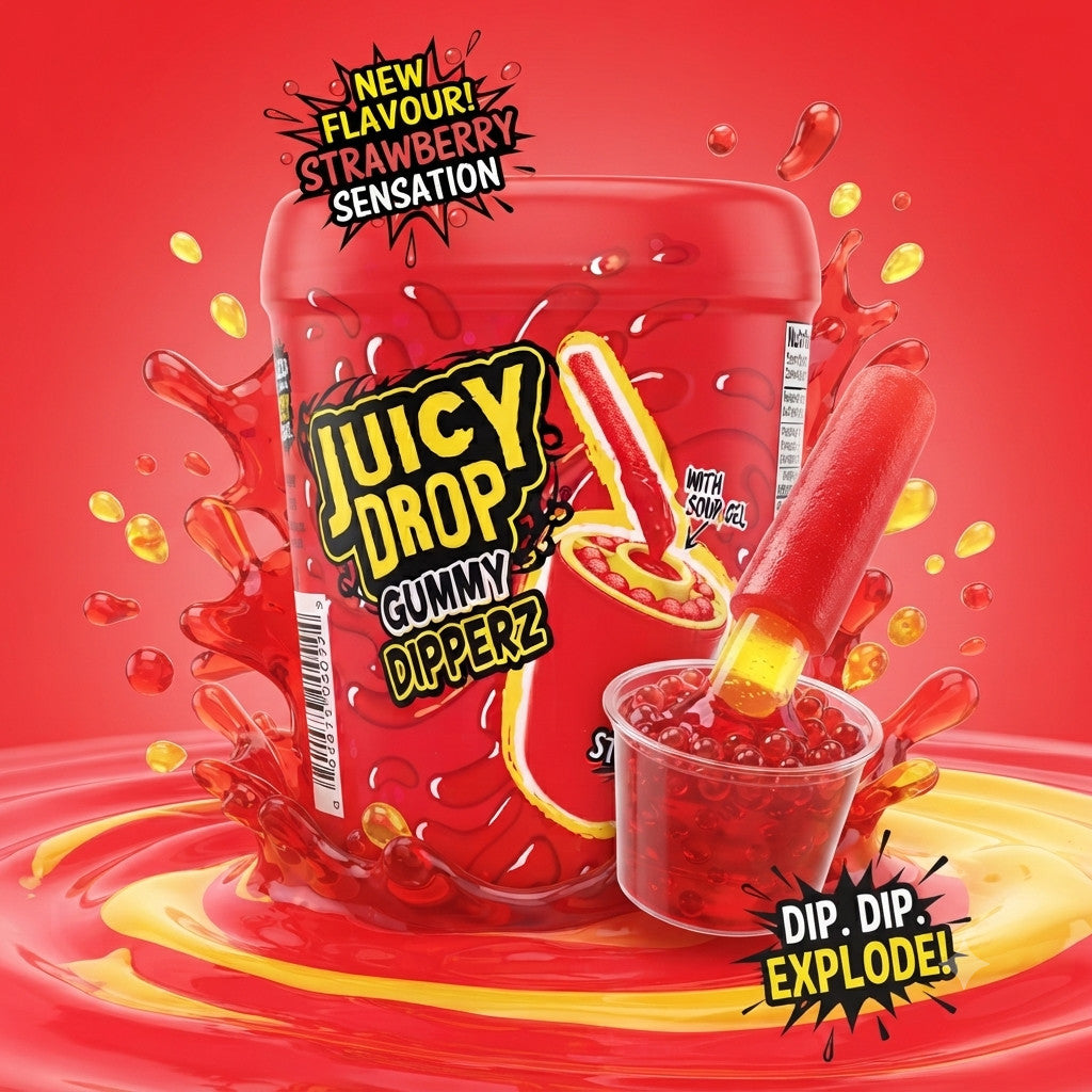 Juicy Drop Gummy Dipperz 96g | Strawberry & Raspberry Sour Gel Candy