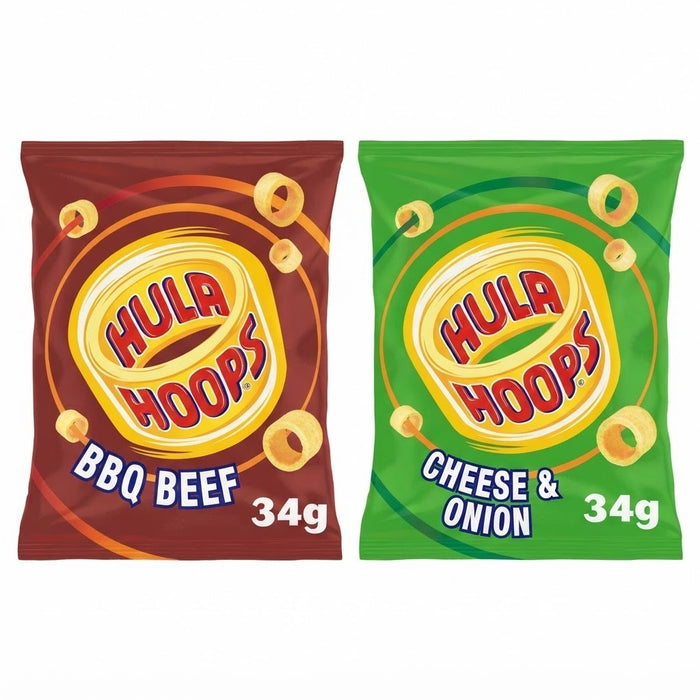Hula Hoops Crisps 34g x 32 | Cheese & Onion or BBQ Beef | Vegetarian