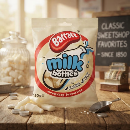 Barratt Milk Bottles Sweets 150g x 12 | Real Milk | Retro Sweetshop Classic