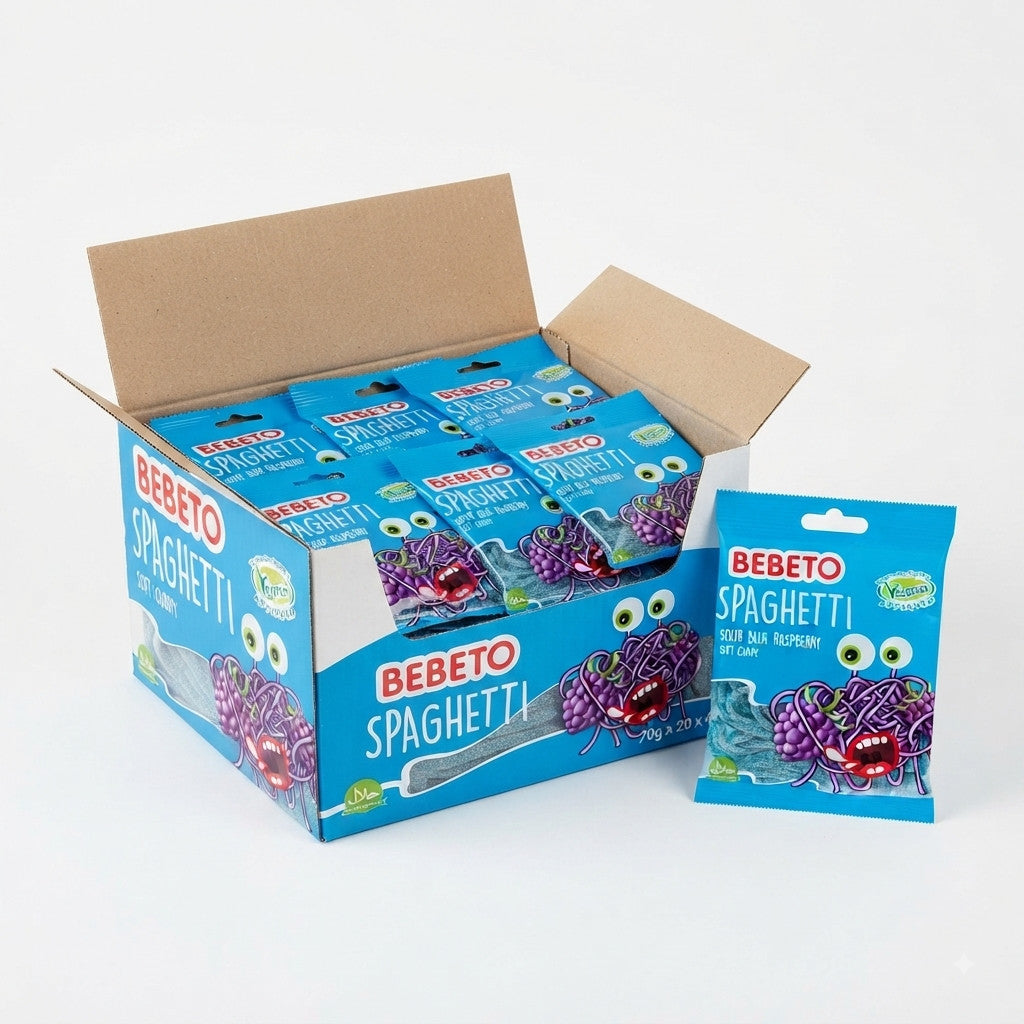 Bebeto Sour Blue Raspberry Spaghetti 70g x 20 | Vegan & Halal Soft Candy